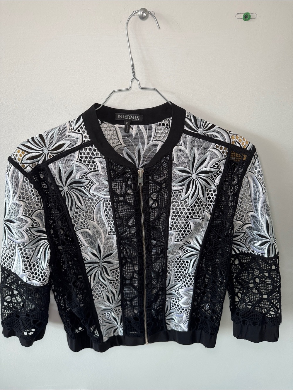 INTERMIX Black & White Floral Lace-Panel Bomber Jacket